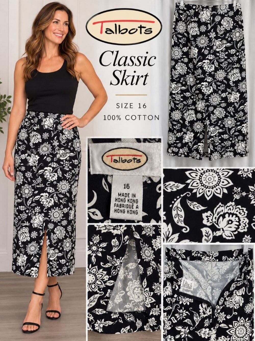 Talbots Classic Women’s Size 16 Black White Floral 100% Cotton Long Skirt